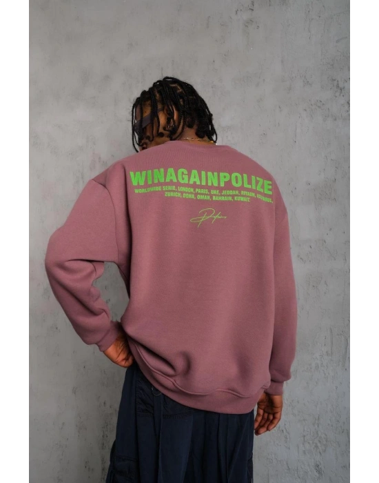 Erkek Bisiklet Yaka Baskılı 3 iplik pamuklu Sweatshirt - Gül Kurusu