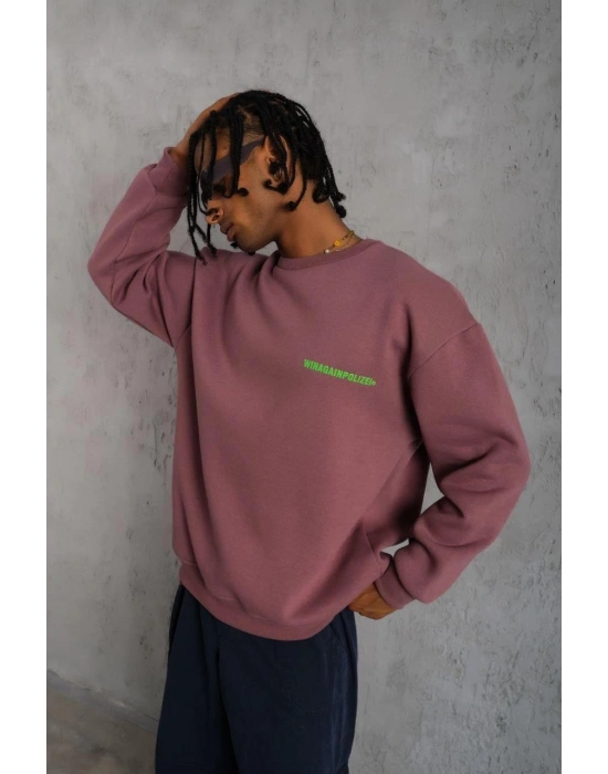 Erkek Bisiklet Yaka Baskılı 3 iplik pamuklu Sweatshirt - Gül Kurusu