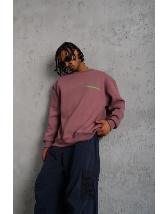 Erkek Bisiklet Yaka Baskılı 3 iplik pamuklu Sweatshirt - Gül Kurusu