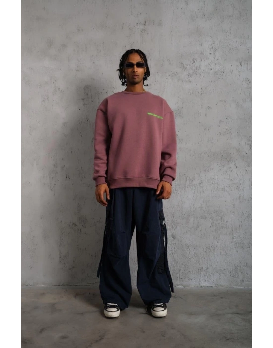 Erkek Bisiklet Yaka Baskılı 3 iplik pamuklu Sweatshirt - Gül Kurusu