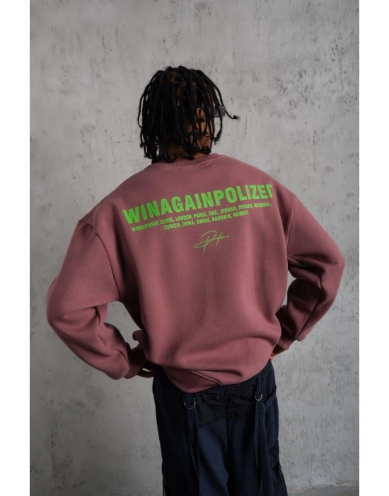 Erkek Bisiklet Yaka Baskılı 3 iplik pamuklu Sweatshirt - Gül Kurusu