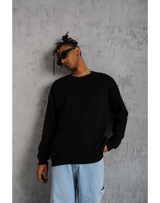 Erkek Bisiklet Yaka Baskılı 3 İplik Pamuklu Sweatshirt -  Siyah