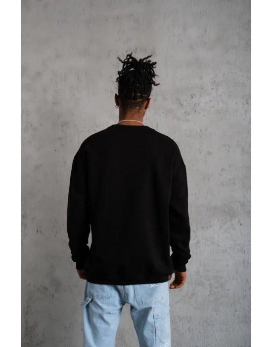 Erkek Bisiklet Yaka Baskılı 3 İplik Pamuklu Sweatshirt -  Siyah