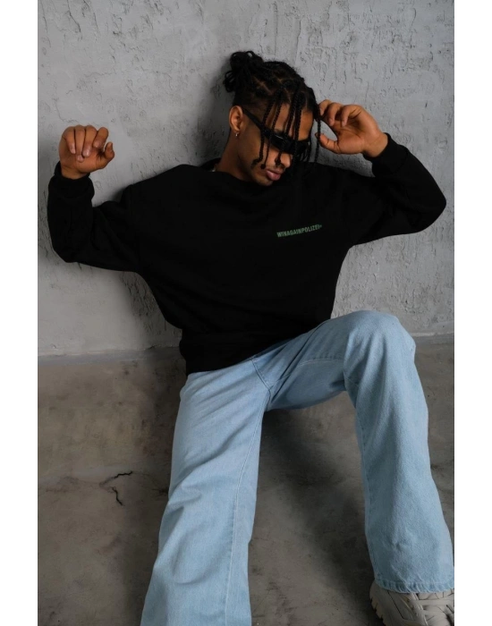 Erkek Bisiklet Yaka Baskılı 3 iplik pamuklu Sweatshirt - Siyah