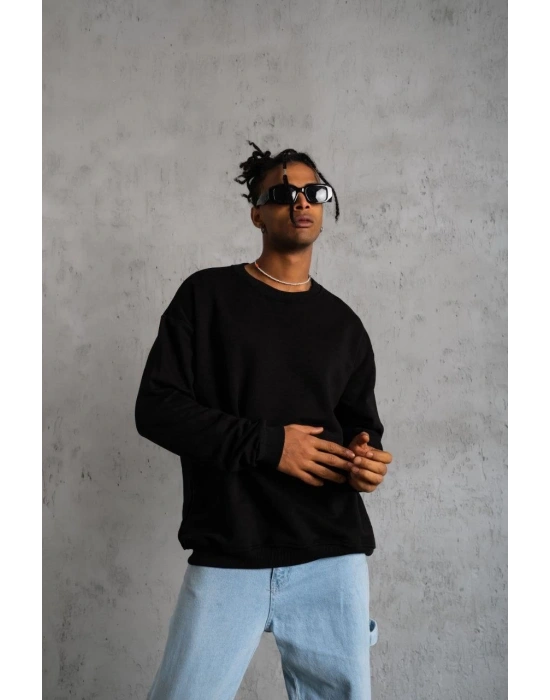 Erkek Bisiklet Yaka Baskılı 3 İplik Pamuklu Sweatshirt -  Siyah