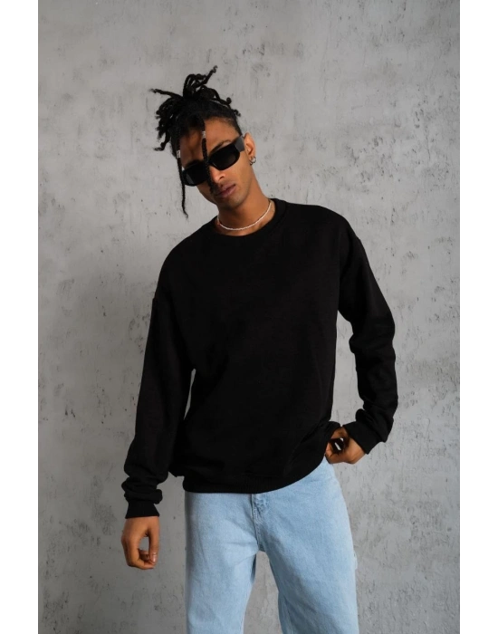 Erkek Bisiklet Yaka Baskılı 3 İplik Pamuklu Sweatshirt -  Siyah