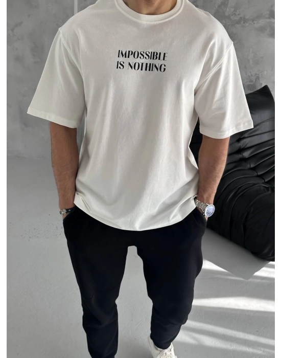 Erkek Bisiklet Yaka Baskılı Oversize  Kısa kol T-Shirt - Beyaz