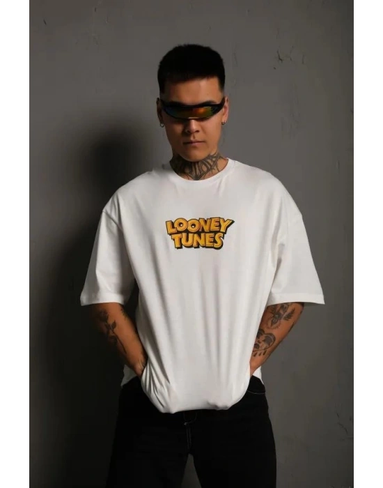 Erkek Bisiklet Yaka Baskılı Oversize Kısa kol T-Shirt - Beyaz