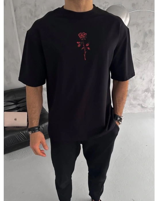 Erkek Bisiklet Yaka Baskılı Oversize  Kısa kol T-Shirt - Siyah