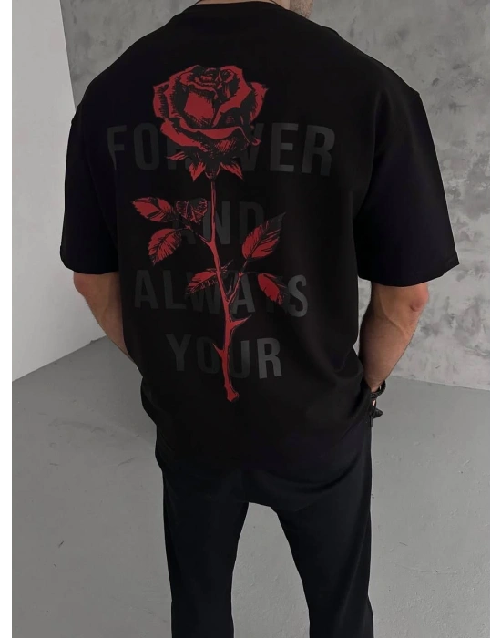 Erkek Bisiklet Yaka Baskılı Oversize  Kısa kol T-Shirt - Siyah