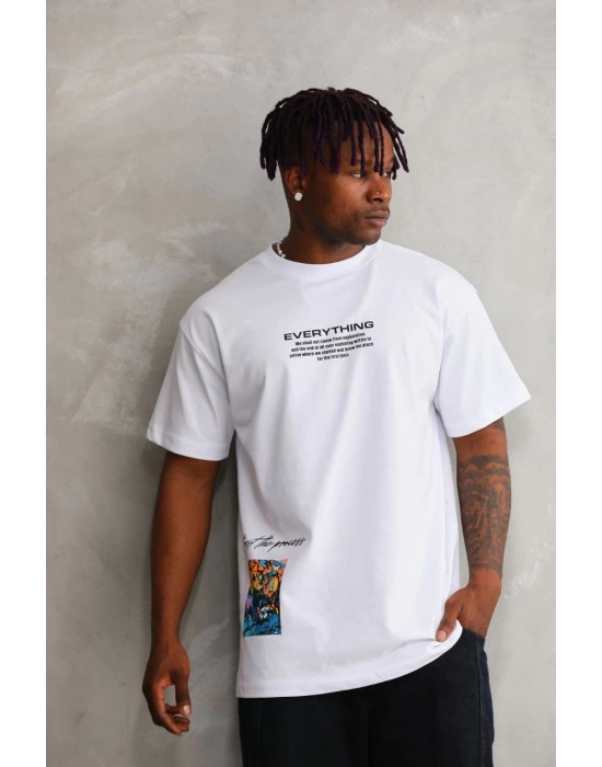 Erkek Bisiklet Yaka Baskılı Oversize T-Shirt - Beyaz
