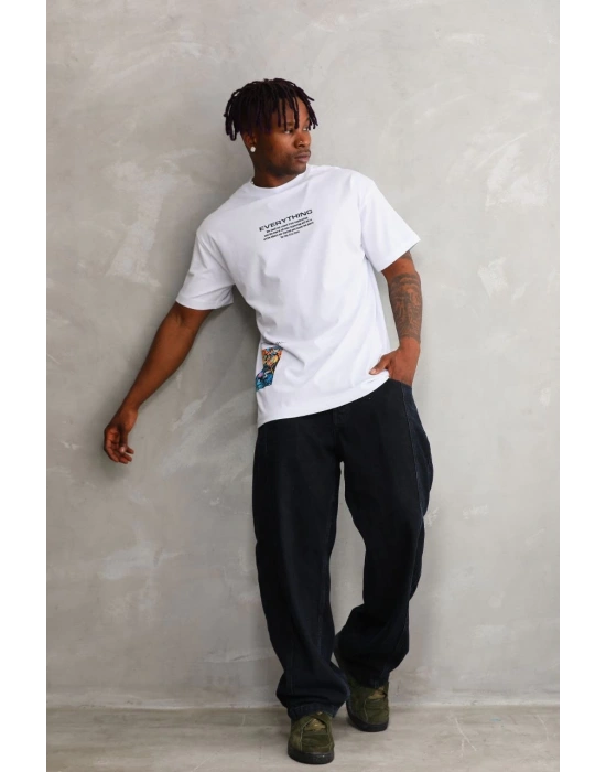 Erkek Bisiklet Yaka Baskılı Oversize T-Shirt - Beyaz