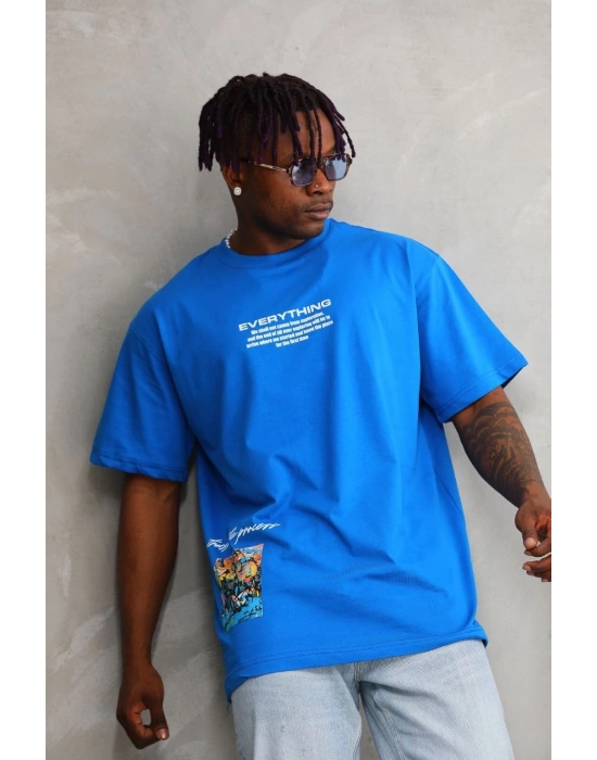 Erkek Bisiklet Yaka Baskılı Oversize T-Shirt - Mavi