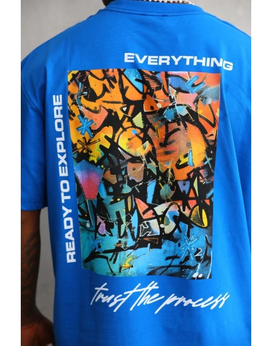 Erkek Bisiklet Yaka Baskılı Oversize T-Shirt - Mavi