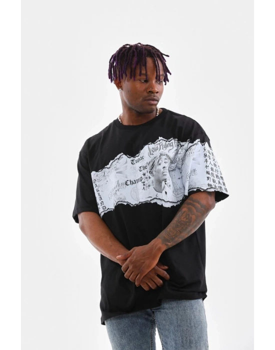 Erkek  Bisiklet Yaka Baskılı Oversize T-Shirt - Siyah