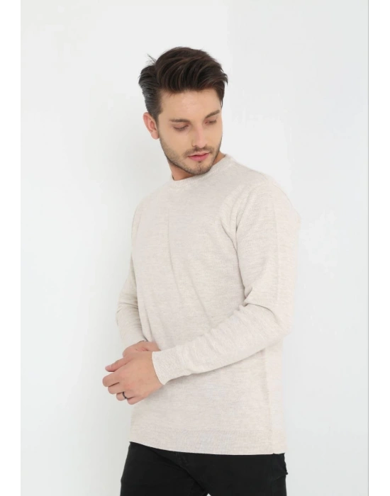 Erkek Bisiklet yaka Kazak Uzun Kol Dokuma Triko - Bej