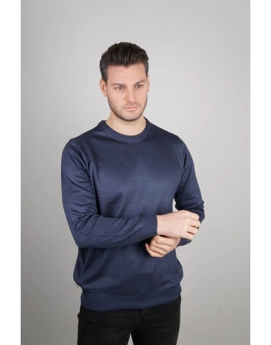 Erkek Bisiklet yaka Kazak Uzun Kol Dokuma Triko - Indigo