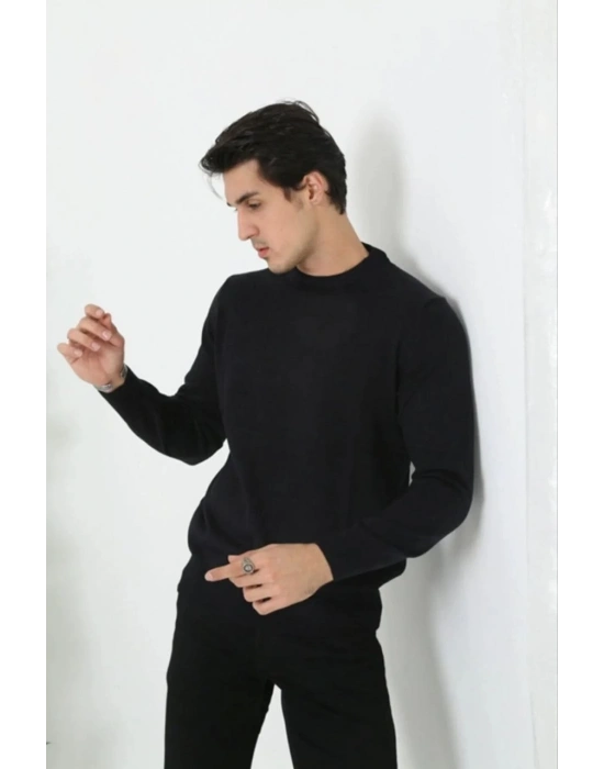 Erkek Bisiklet yaka Kazak Uzun Kol Dokuma Triko - Siyah