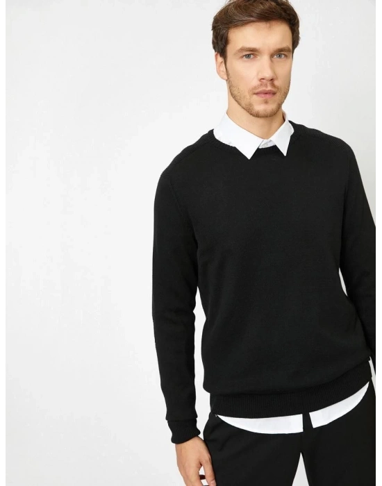 Erkek Bisiklet yaka Kazak Uzun Kol Dokuma Triko - Siyah