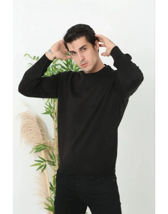 Erkek Bisiklet yaka Kazak Uzun Kol Dokuma Triko - Siyah