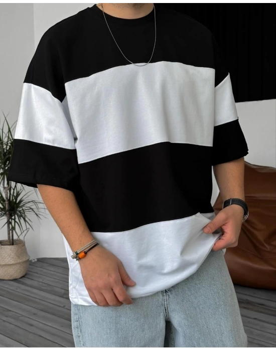 Erkek Bisiklet Yaka Parçalı  Kısa kol T-Shirt - Siyah