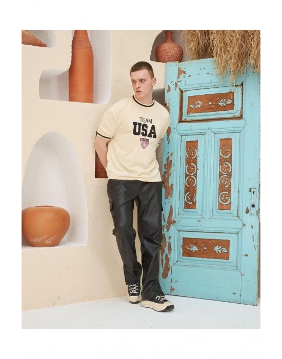Erkek Bisiklet Yaka Tişört Nakış İşlemeli Kısa Kol Oversize T-Shirt - Bej