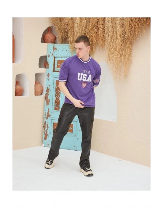 Erkek Bisiklet Yaka Tişört Nakış İşlemeli Kısa Kol Oversize T-Shirt - Mor