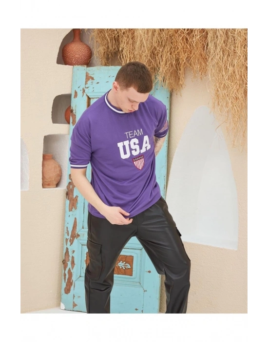 Erkek Bisiklet Yaka Tişört Nakış İşlemeli Kısa Kol Oversize T-Shirt - Mor