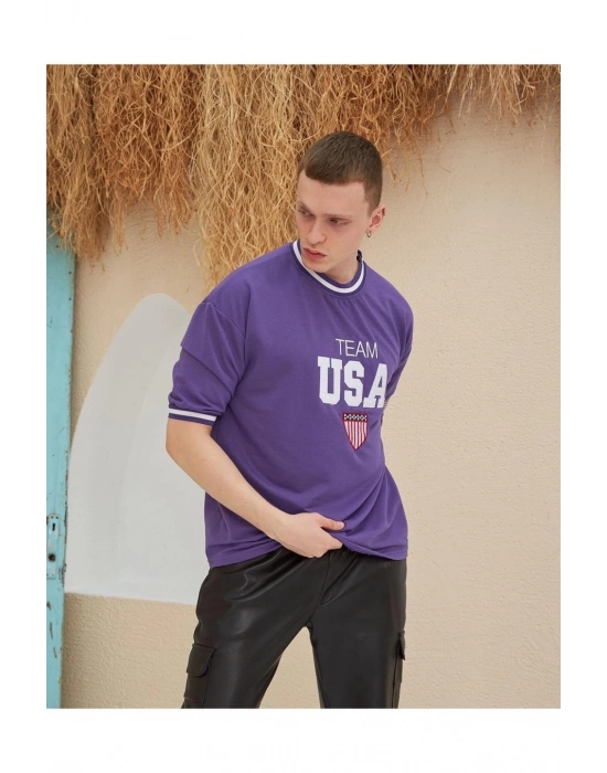 Erkek Bisiklet Yaka Tişört Nakış İşlemeli Kısa Kol Oversize T-Shirt - Mor