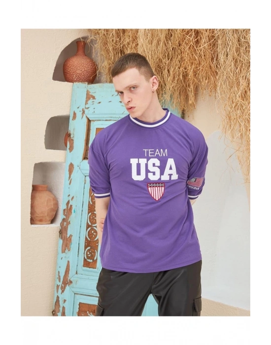 Erkek Bisiklet Yaka Tişört Nakış İşlemeli Kısa Kol Oversize T-Shirt - Mor