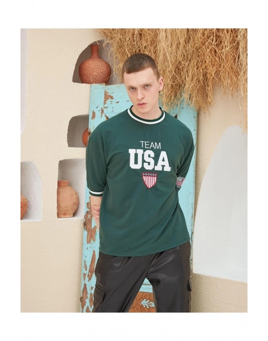 Erkek Bisiklet Yaka Tişört Nakış İşlemeli Kısa Kol Oversize T-Shirt - Yeşil