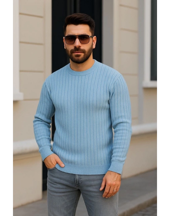 Erkek Bisiklet Yaka Triko Kazak Pamuklu Kalın Fitilli Dokuma - Bebe Mavisi