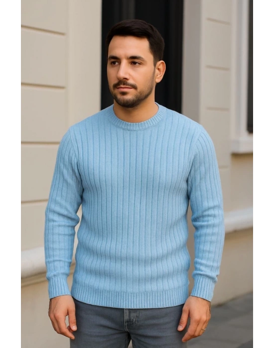 Erkek Bisiklet Yaka Triko Kazak Pamuklu Kalın Fitilli Dokuma - Bebe Mavisi