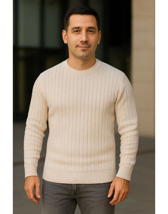 Erkek Bisiklet Yaka Triko Kazak Pamuklu Kalın Fitilli Dokuma Regular Fit - Bej