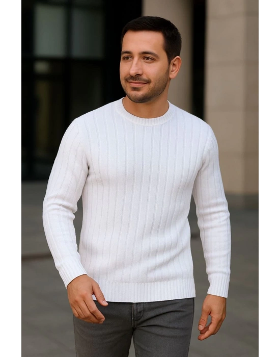 Erkek Bisiklet Yaka Triko Kazak Pamuklu Kalın Fitilli Dokuma Regular Fit - Beyaz