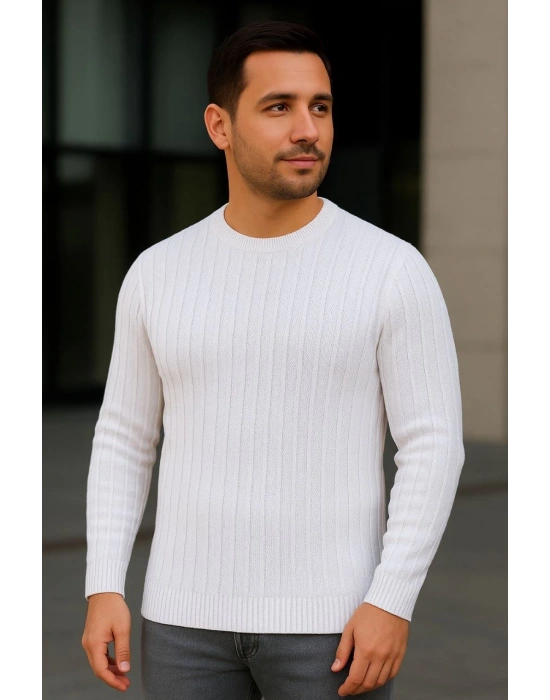 Erkek Bisiklet Yaka Triko Kazak Pamuklu Kalın Fitilli Dokuma Regular Fit - Beyaz