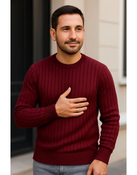 Erkek Bisiklet Yaka Triko Kazak Pamuklu Kalın Fitilli Dokuma Regular Fit - Bordo