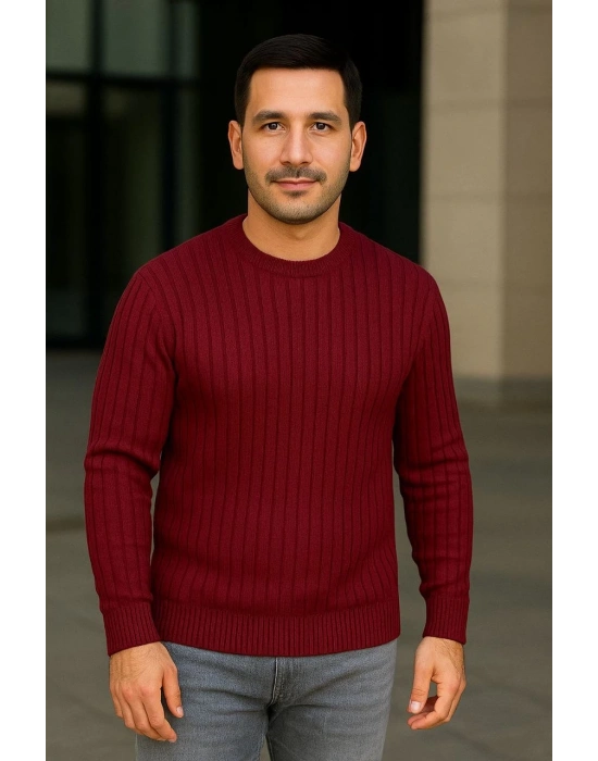 Erkek Bisiklet Yaka Triko Kazak Pamuklu Kalın Fitilli Dokuma Regular Fit - Bordo