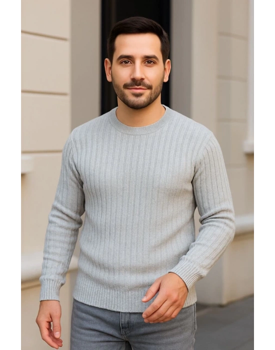Erkek Bisiklet Yaka Triko Kazak Pamuklu Kalın Fitilli Dokuma Regular Fit - Gri