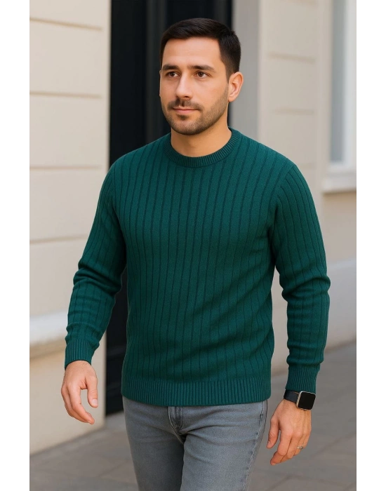 Erkek Bisiklet Yaka Triko Kazak Pamuklu Kalın Fitilli Dokuma Regular Fit - Haki