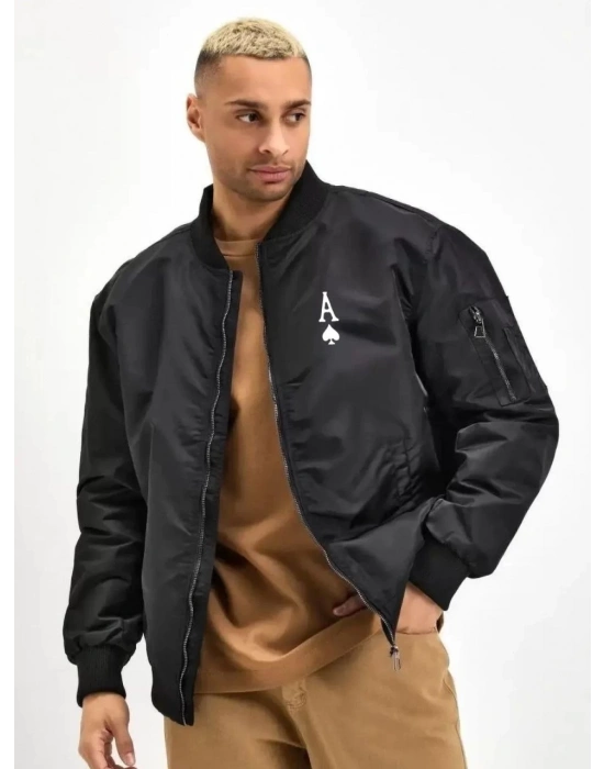 Erkek Bomber Mont Siyah Maça Ası Baskılı Fermuarlı Cepli Kapitone Astarlı Kış Mont - Siyah