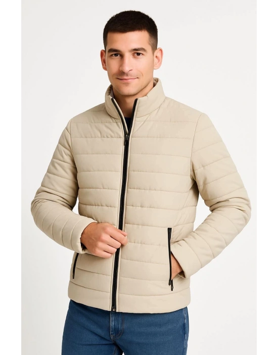 ERKEK Bomber Mont Su İtici Kapitone Astarlı Fermuarlı Cepli Ceket - Bej