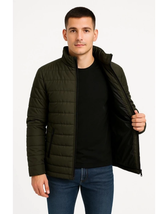 ERKEK Bomber Mont Su İtici Kapitone Astarlı Fermuarlı Cepli Ceket - Haki