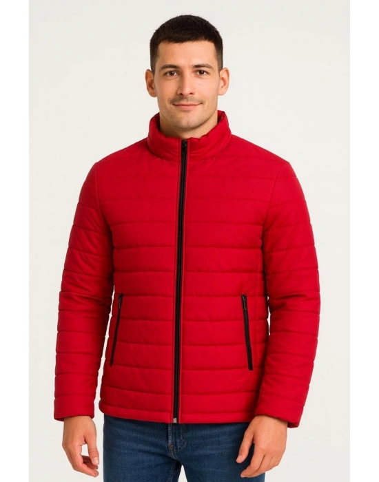 ERKEK Bomber Mont Su İtici Kapitone Astarlı Fermuarlı Cepli Ceket - Kırmızı