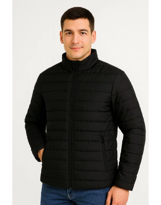 ERKEK Bomber Mont Su İtici Kapitone Astarlı Fermuarlı Cepli Ceket - Siyah