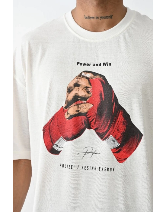 Erkek Box Eldiven Baskılı T-Shirt Kısa Kol Bisiklet Yaka Tişört - Beyaz