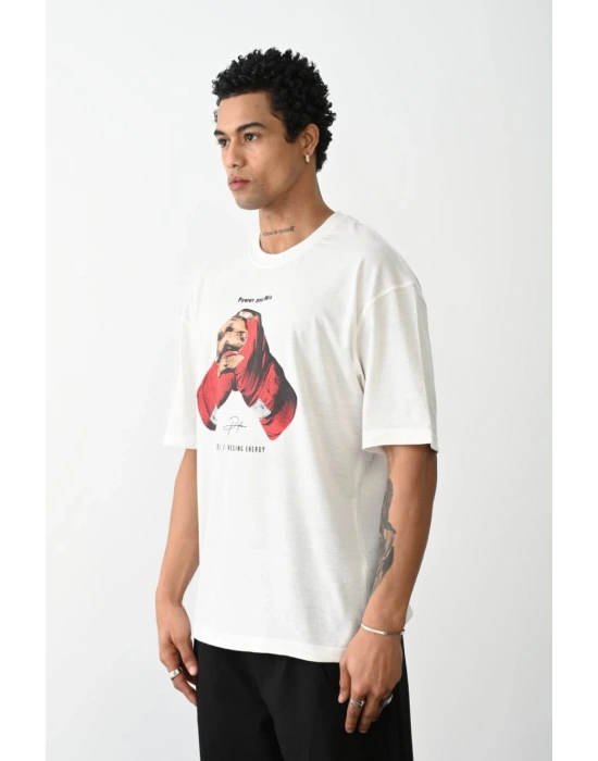 Erkek Box Eldiven Baskılı T-Shirt Kısa Kol Bisiklet Yaka Tişört - Beyaz