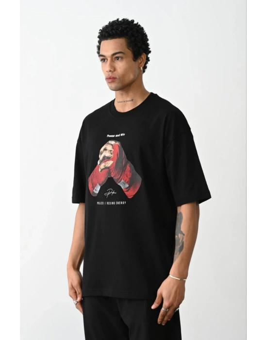 Erkek Boxy Eldiven Baskılı T-Shirt Kısa Kol Bisiklet Yaka Tişört - Siyah