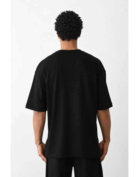 Erkek Boxy Eldiven Baskılı T-Shirt Kısa Kol Bisiklet Yaka Tişört - Siyah