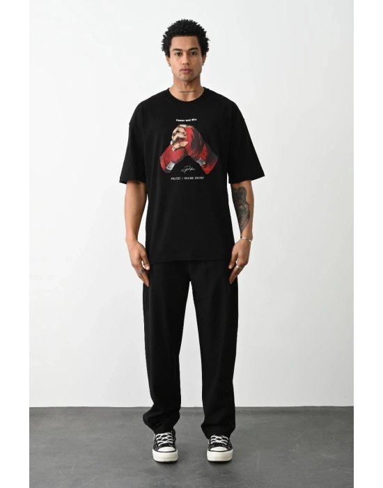 Erkek Boxy Eldiven Baskılı T-Shirt Kısa Kol Bisiklet Yaka Tişört - Siyah